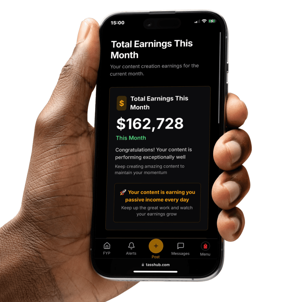 Hand holding phone showing TASSHUB earnings interface